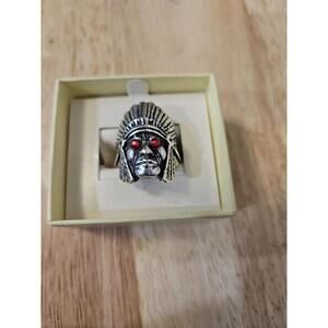 Indian Chief Head Red Eyes 925 sterling silver vintege men's Biker Ring Sz 10.5